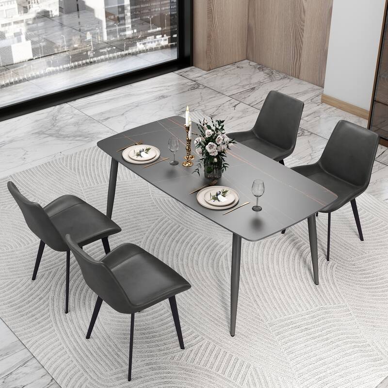 63" Rectangle Modern Sintered Stone Dining Table, Industrial Kitchen Table with Metal Legs for 6 People - Black