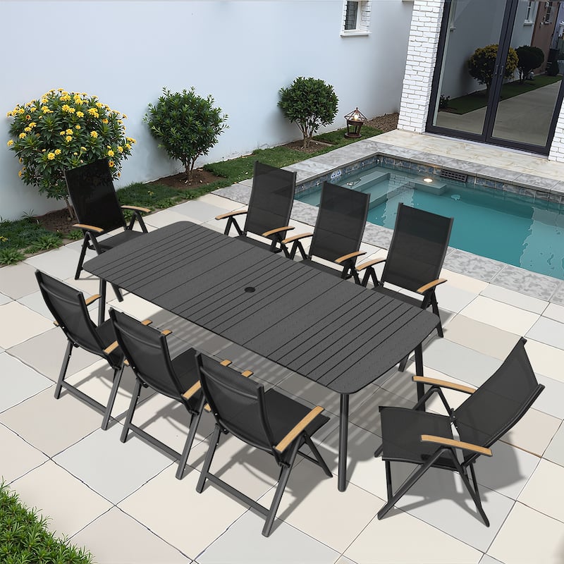 7/9PC Patio Dining Table Rectangular Aluminum Outdoor Table with Folding Chairs - 92.9in-BlackTable-9PC