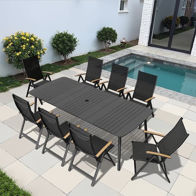 7/9PC Patio Dining Table Rectangular Aluminum Outdoor Table with Folding Chairs