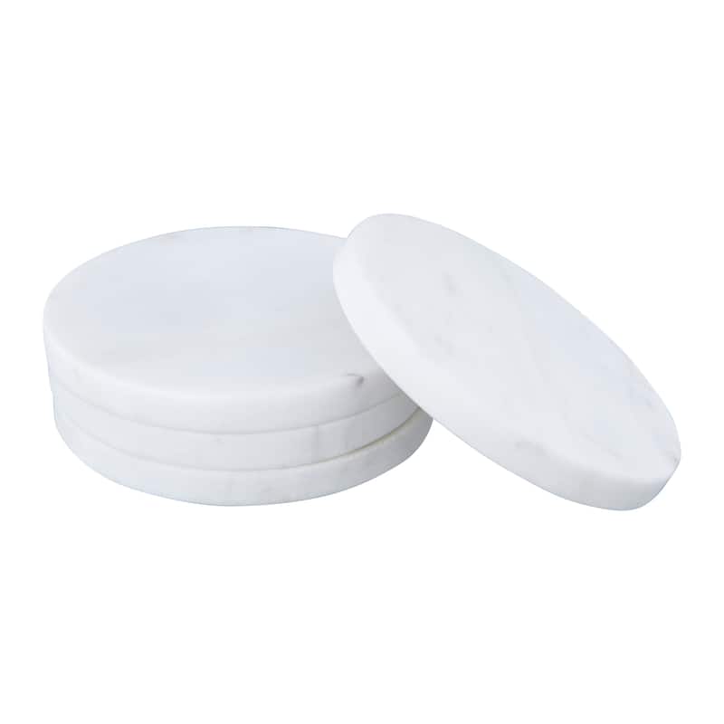 Round Marble Coasters with Mango Wood Holder - 5.0"L x 5.0"W x 2.5"H