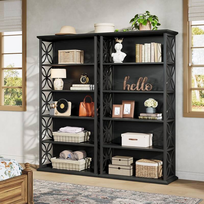 71 Inches Industrial Bookcase with Metal Frame - 2PCS - Black