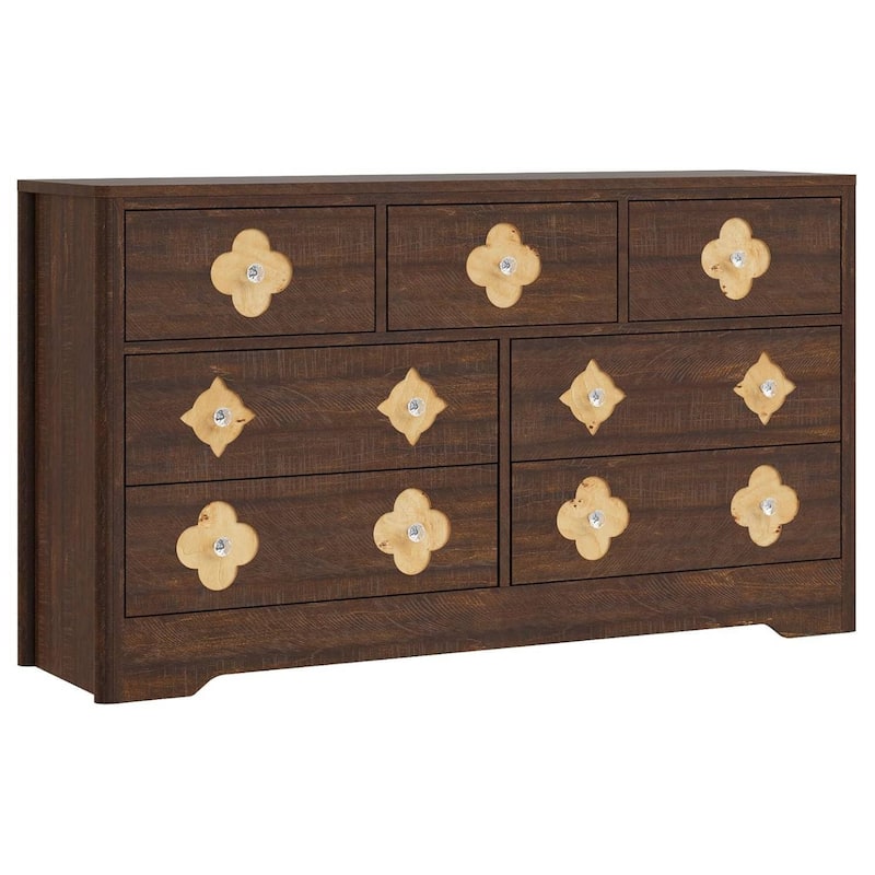 Fluted 7 Drawer Tall Dresser for Bedroom, Living Room, Hallway - Brown
