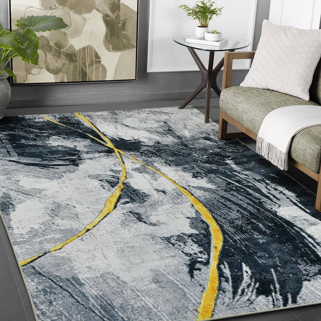 HR Abstract Area Rug with Circle Pattern - Non-Slip Rubber Backing, Polyester, Print Rug Gold Silver Multi-Color