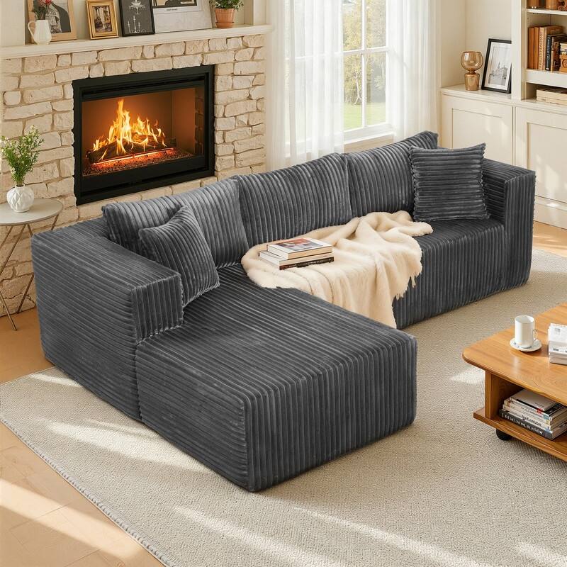 105 in. Wide Square Arm 2-Piece Modern Corduroy Fabric L-Shape Modular Sectional Sofa - Gray-RightChaise