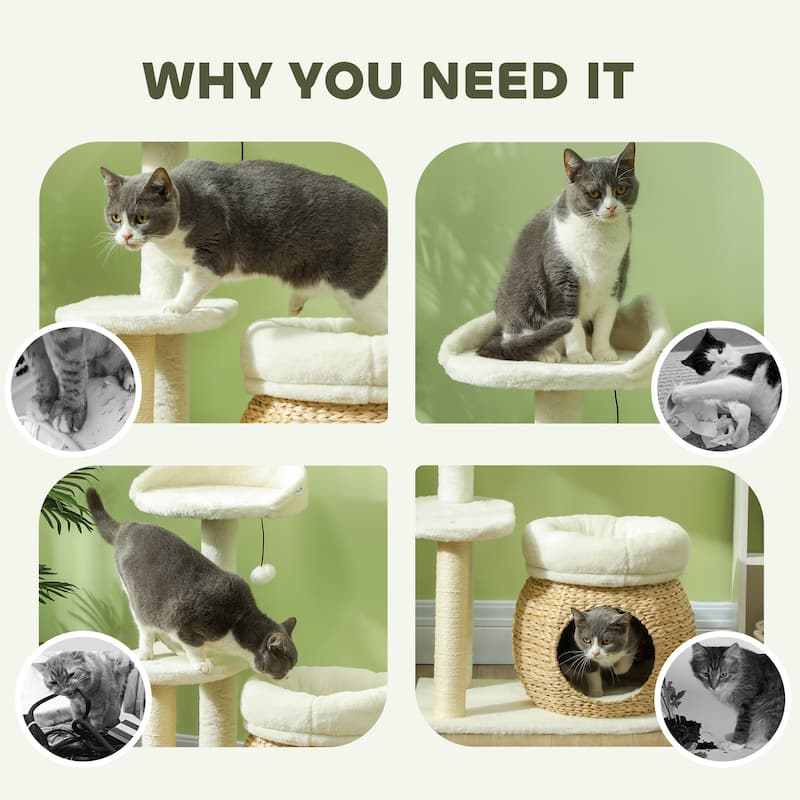 PawHut 31" Cat Tree, Cat Tower for Indoor Cats with Sisal Scratching Posts, Cat Condo, Cat Beds, Cream White