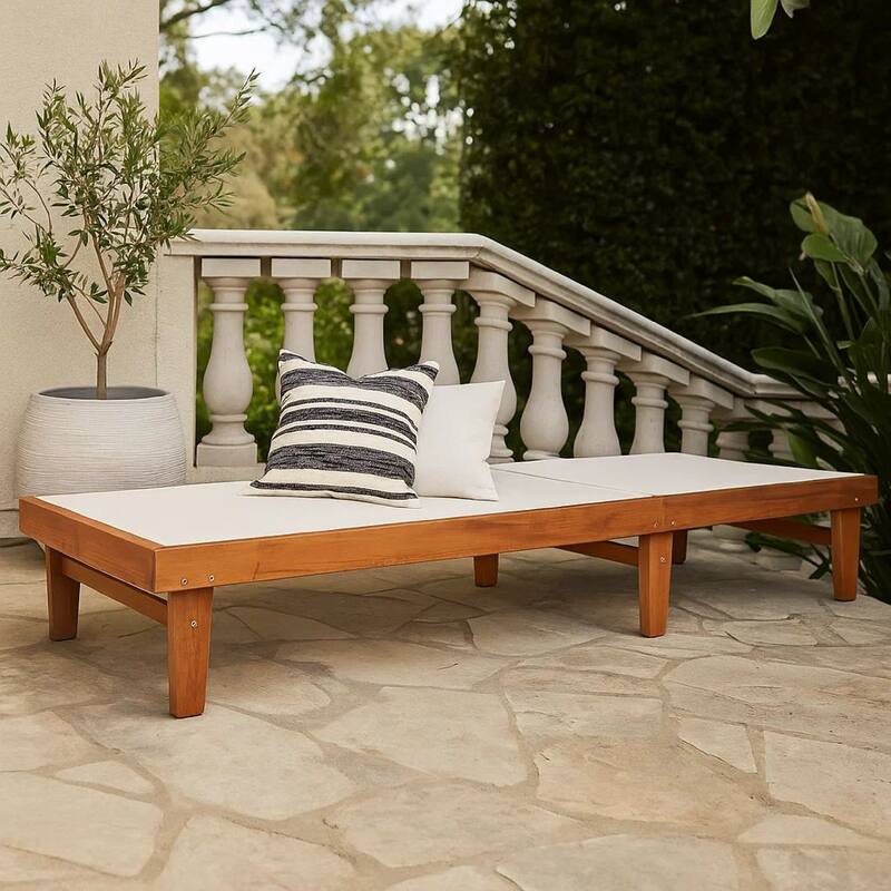 Liam Outdoor Chaise Lounger, Ergonomic White Mesh Seat, Brown Acacia Wood