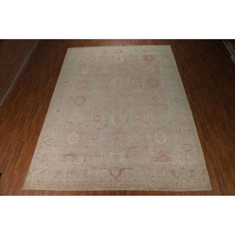 Hand Knotted Oriental 100% Wool Carpet Transitional All-Over Brown Oushak Area Rug - 13' 9'' X 10' 3''