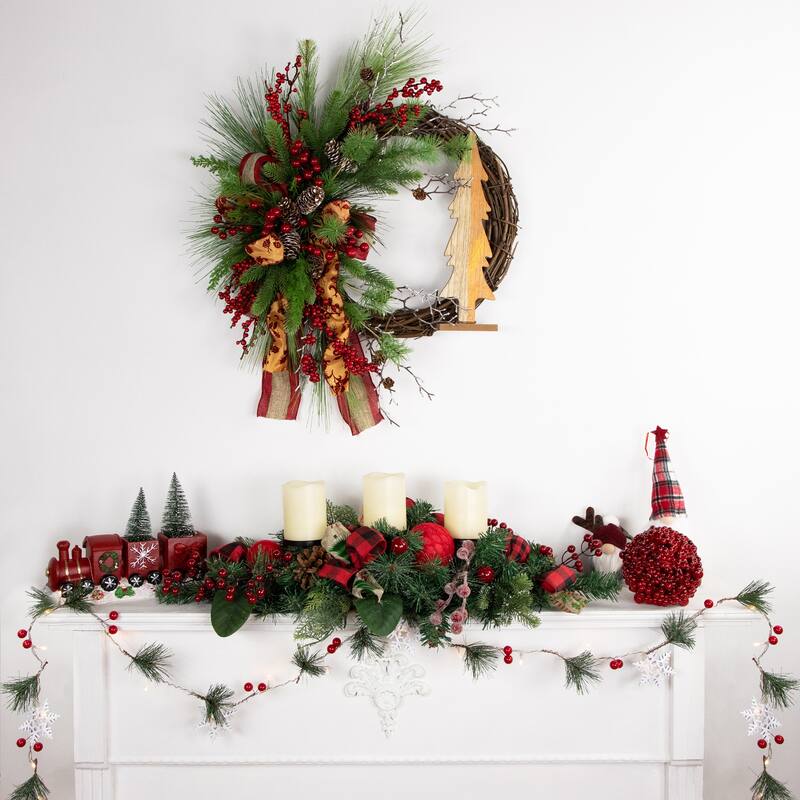 12" Red and Gold Christmas Train With LED Lighted Frosted Trees Tabletop Decoration