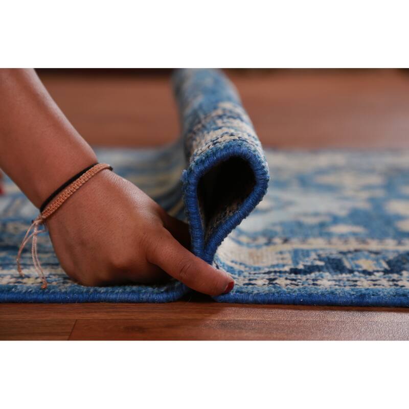 Hand Knotted Oriental 100% Wool Carpet Transitional All-Over Navy Blue & Blues Oushak Runner Rug - 9' 8'' X 2' 7''