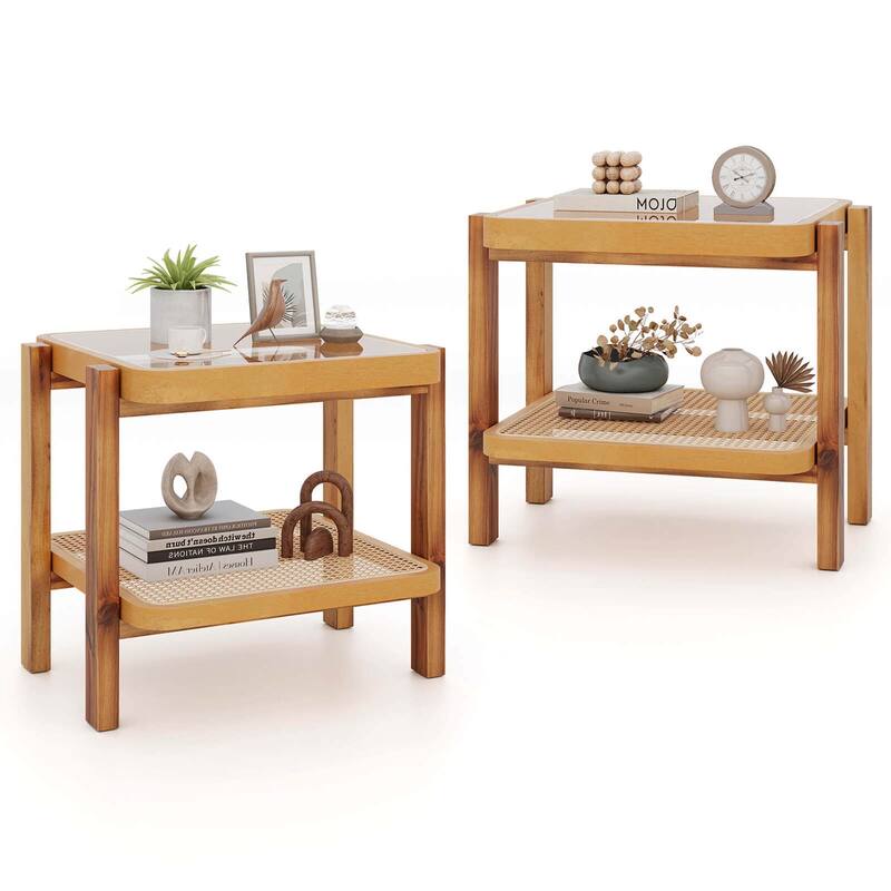 Costway 1/2 PCS End Table with Tempered Glass Top Acacia Wood Legs - 2 PCS