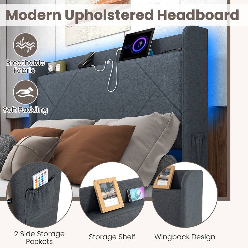Gymax Bed Frame w/LED Lights Charging Station 2 Storage Pockets & 4