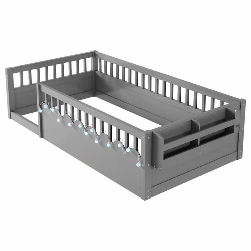 Floor Bed Frame with High Rails, Wooden Kids Floor Bed with Light and Storage Shelf