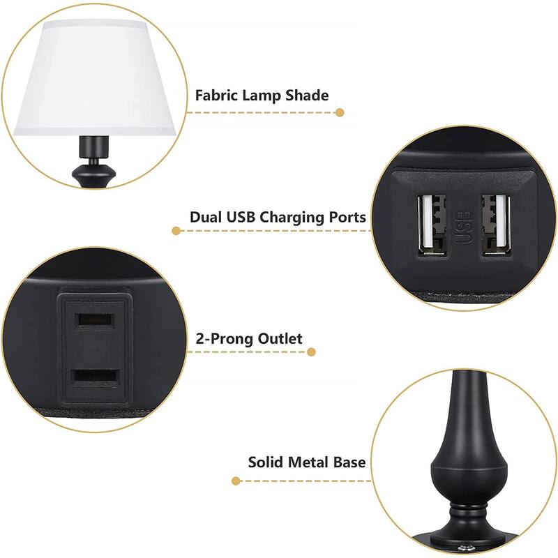 Touch Control Table Lamp 3 Ways Dimmable with 2 USB Charging Port 1 AC Outlet- Set of 2 - 2PCS