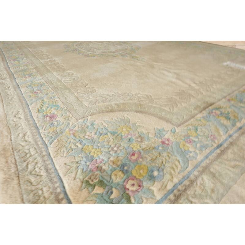 11x18 Hand Knotted Wool Beige Plush Pile Traditional Aubusson Savonnerie Rug - 11' x 18'