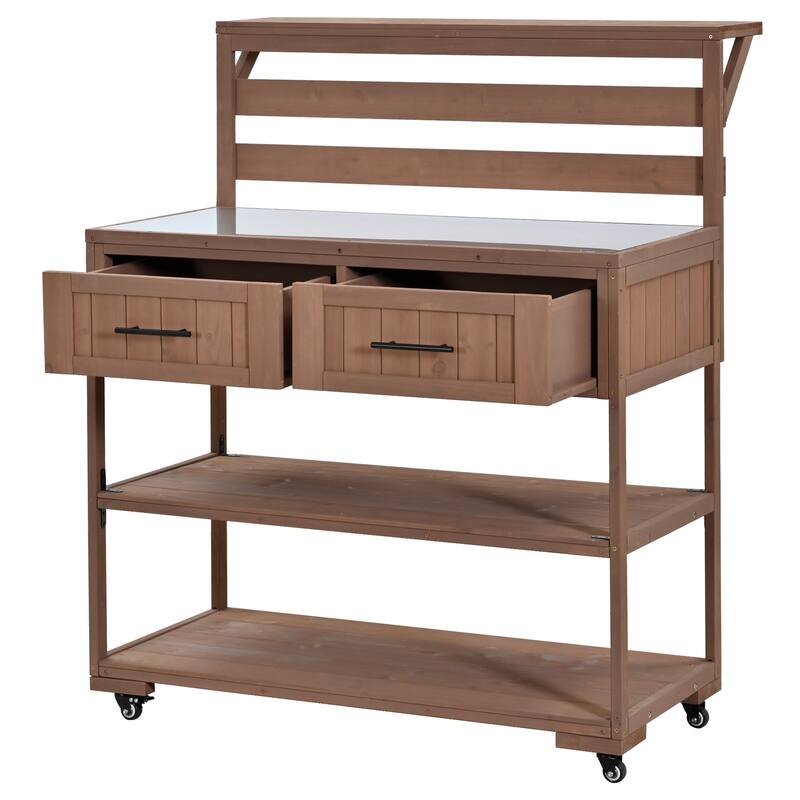 Solid Wood 62.3'' Patio Kitchen Island Kitchen Cart with Stainless Table Top, Garden Potting Bench with Raised Shelf and Drawers
