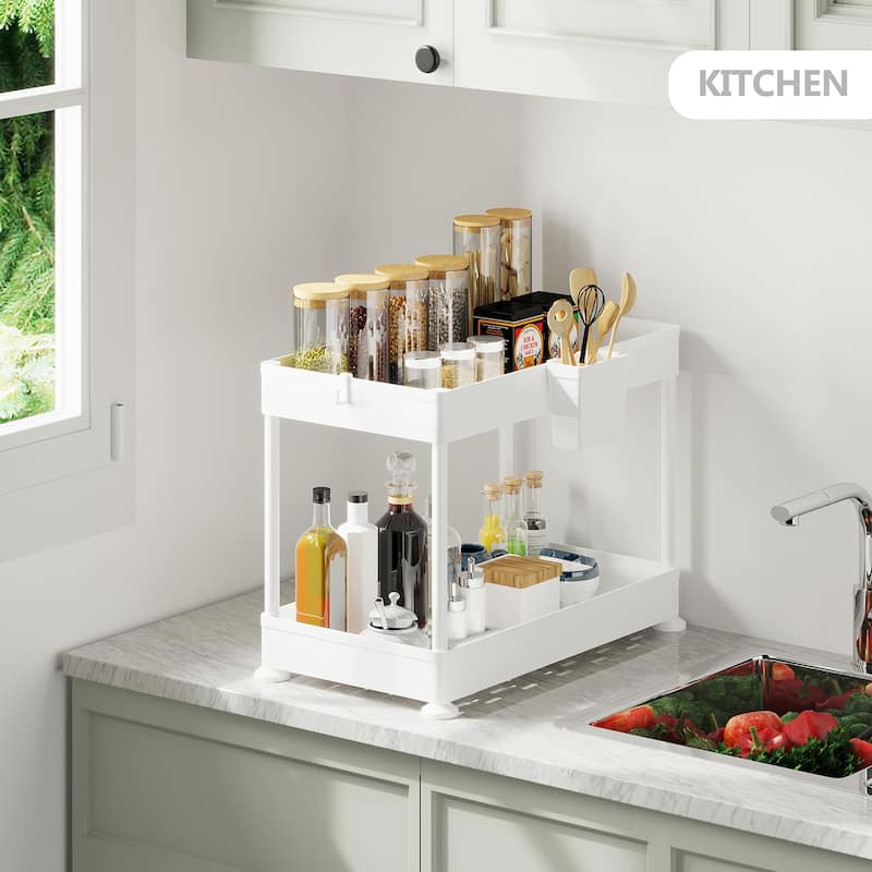 Empyrean 2 Tier Non-Slip Grip Kitchen Under Sink Organizer - Bathroom Cabinet Organizer with Utility Hooks and Side Caddy