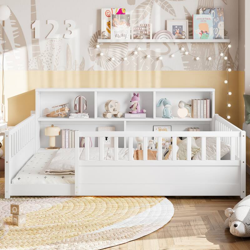 Wooden Floor Bed Frame with Fence Guardrail & Side Storage, Low Profile Kids Bed (Full/Twin) - White - Full