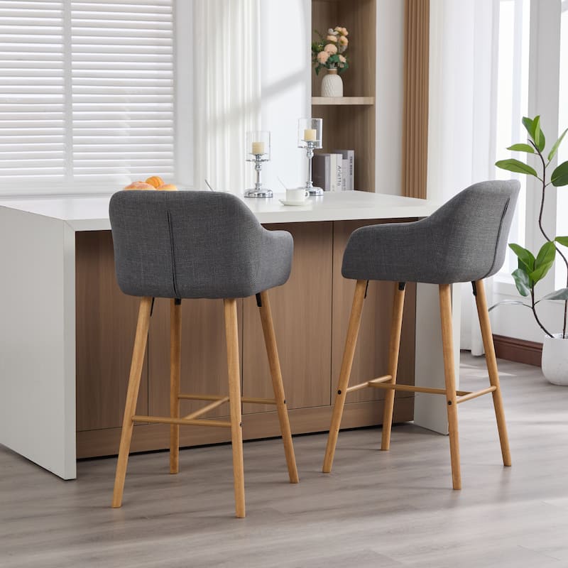Modern Bar Stools Set of 2, Kitchen Island Tall Chairs with Back, Arm, Footrest and Solid Wood Leg, Upholstered Bar Stools