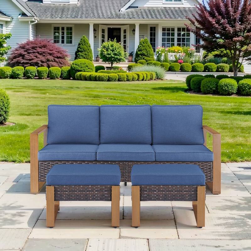 Pocassy Outdoor Sofa, Swivel Chair, Patio Chair Ottoman Set - 3 Pieces - Brown Wicker Blue Cushion