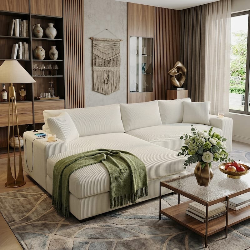 Luxurious Large Sectional Sofa with Thick Cushions, Lounge, Built-in Cup Holders & Charging Ports