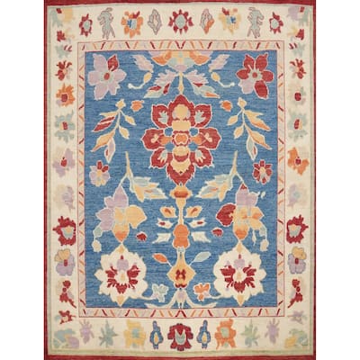 Hand Knotted Oriental 100% Wool Carpet Transitional Floral Navy Blue & Blues Oushak Area Rug - 7' 11'' X 8' 0''