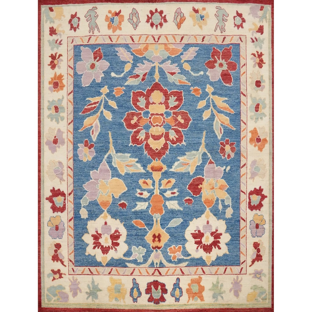 Hand Knotted Oriental 100% Wool Carpet Transitional Floral Navy Blue & Blues Oushak Area Rug - 7' 11'' X 8' 0''