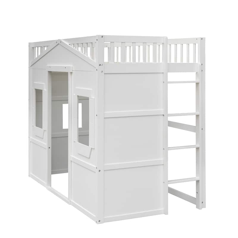 Twin Size House Loft Bed With Ladder-Gray