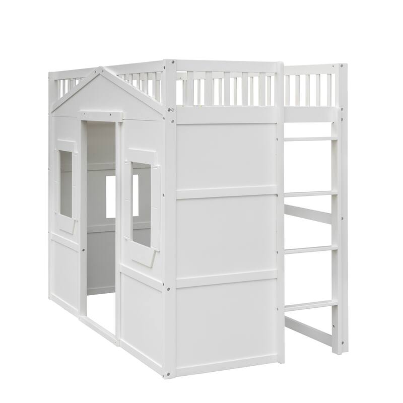 White Twin Size Loft Bed with Ladder, Solid Pine Wood Construction, Elegant Design