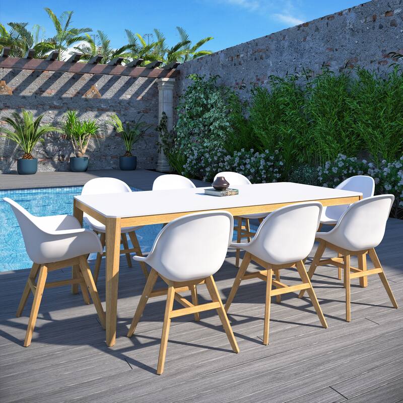 Amazonia Amber Wood and Resin Outdoor Patio Dining Set - Big White Table