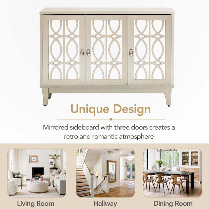 Sideboard with Glass Doors and Silver Handle for Living Room