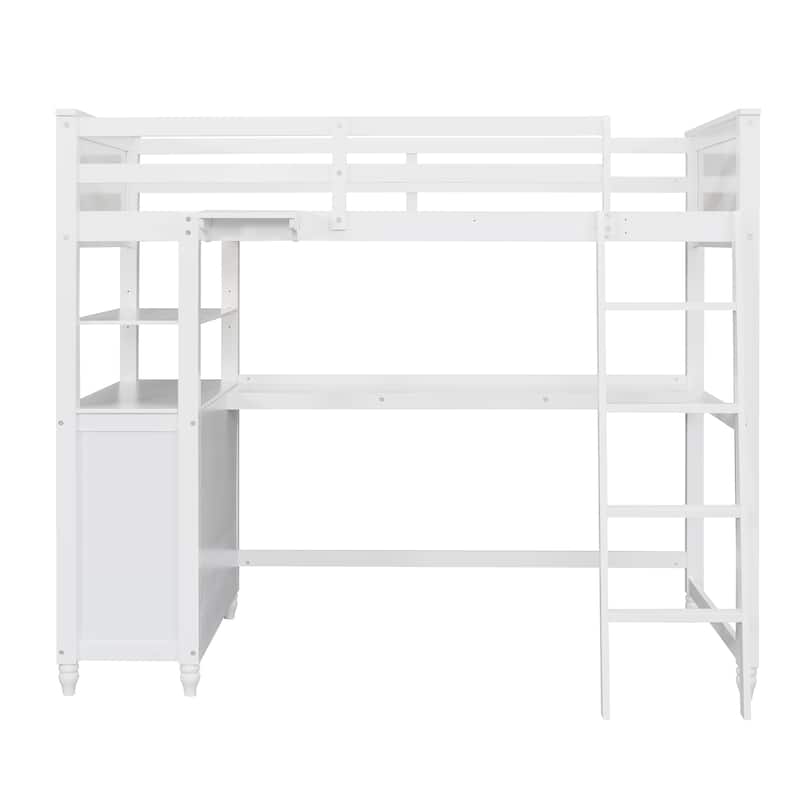 Twin Size Loft Bed Kids Bed Frame Wooden Storage Bed with Desk, Shelves, Pull-out Drawers, Ladder and Guardrail