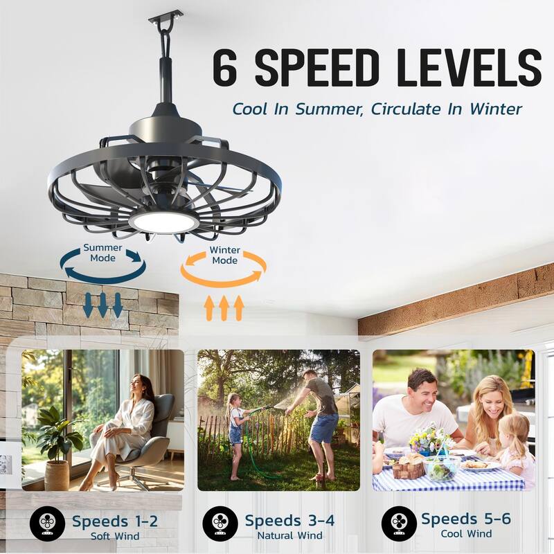 20" Outdoor Ceiling Fan with Light, 6-Speed Reversible Motor, Waterproof Caged Fan for Patio, Gazebo, Kitchen.