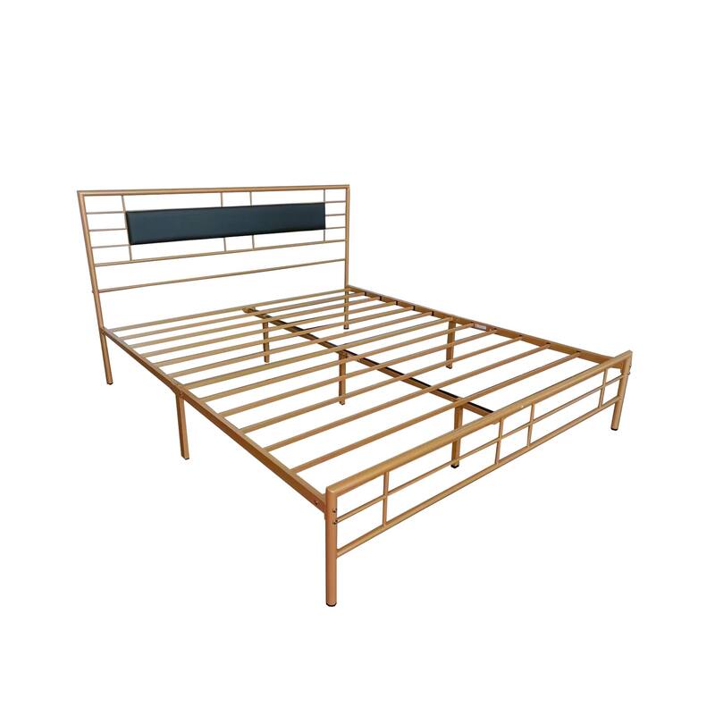 NNV Full Size Platform Metal Bed Frame with Leather Upholstered Headboard