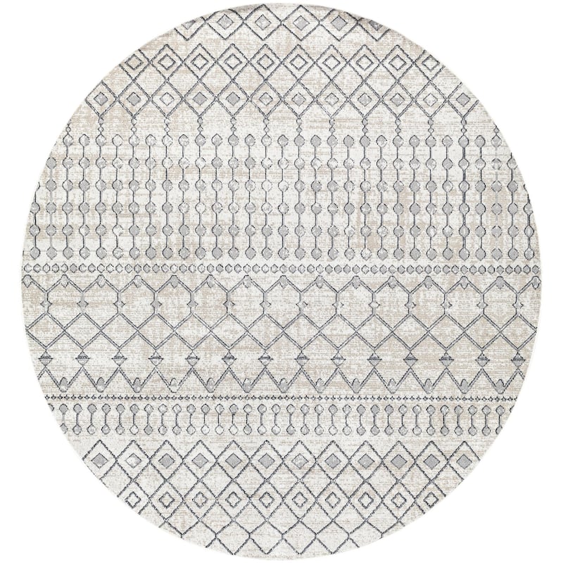 Livabliss Lavadora Bohemian Diamond Washable Area Rug - 6'7" x 6'7" Round - Light Grey