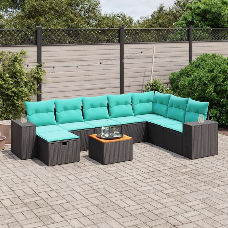 vidaXL Patio Sofa Set with Cushions Outdoor Furniture 9 Piece Poly Rattan - 24.4" x 24.4" x 27.2" - Black