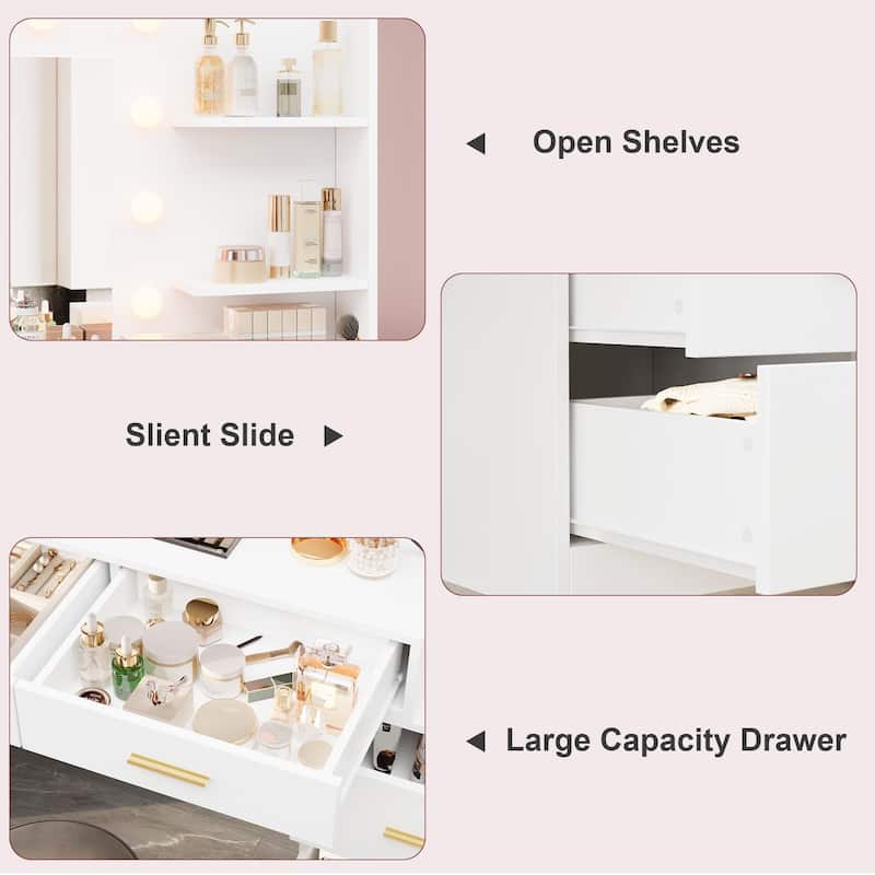 61" Vanity Table with Mirror and Lights, Pink Makeup Desk with 8 Drawers & Shelves, 3 Color Lighting Options