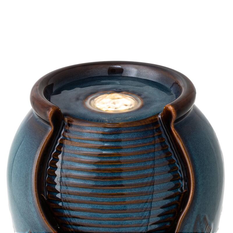 Glitzhome 9"H Leaf Textured Ceramic Jar Indoor Tabletop Water Fountain with LED Lights