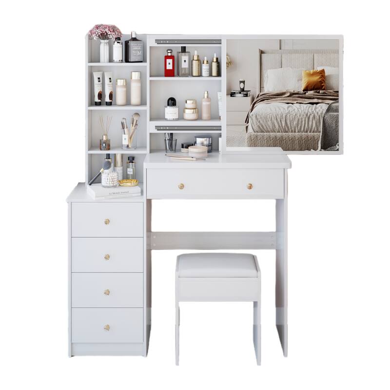 37" Full-Size Vanity Set with Sliding Mirror & Cushioned Stool
