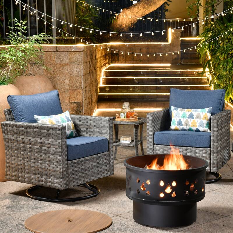HOOOWOOO 4-piece Wicker Patio Swivel Chair Set with Wood Burning Fire Pit - Denim Blue