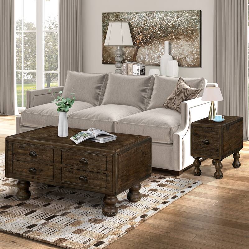 Solid Wood End Table, Rectangle 23.6 inch Narrow Side Table with Drawer, Vintage Bedside