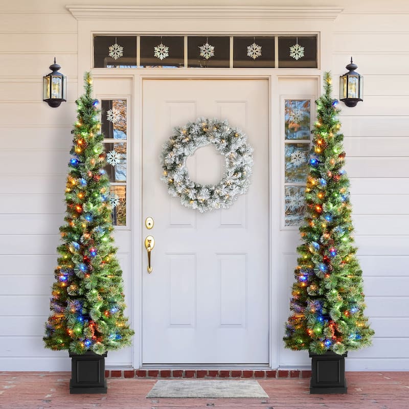 Glitzhome 5FT/6FT/7FT Pine Slim Artificial Christmas Tree in Planter with LED Lights for Front Door Porch Entryway