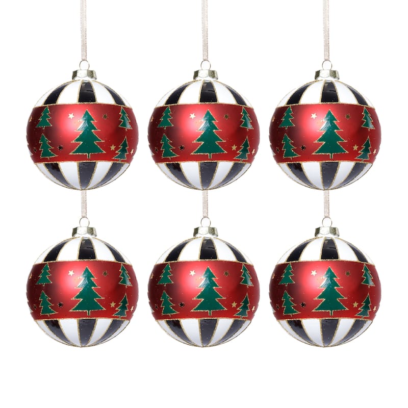 Tree Motif Glass Ball Christmas Ornaments, Set of 6, 4"