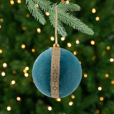 3.25" Teal Green and Gold Velour Round Ball Christmas Ornament