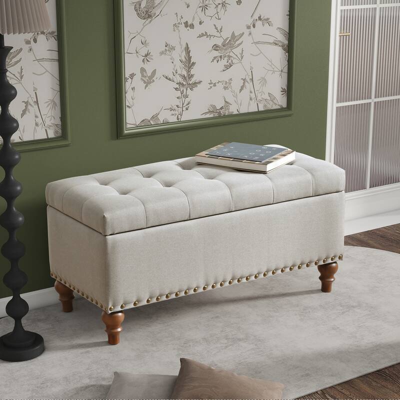 Linen Fabric Storage Ottoman Bench, Multi-Functional Storage Ottoman, End of Bed Bench with Hidden Hinge Lid & Rivet Trim - Beige
