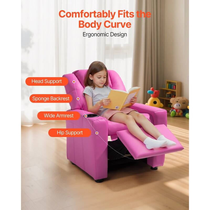 Kids Recliner Chair with Adjustable Backrest, Cup Holders and Leather Surface - 22.4 x 20.3 x 25.8 in