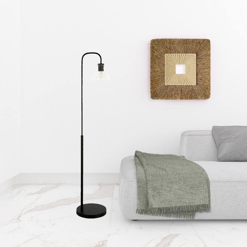 Black Metal Arc Floor Lamp with Clear Glass Shade, Smart Control - 12” x 12” x 62” (D x W x H)