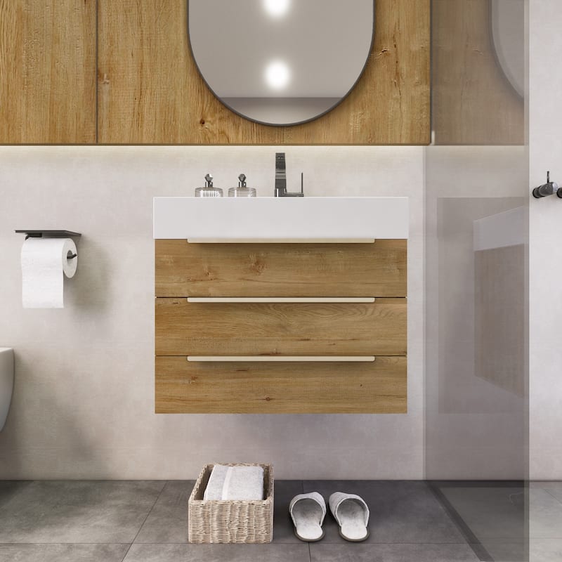 Noble 24" Wall Mounting Vanity with Reinforced Acrylic Sink - 24" Width - Wood Finish - Oak