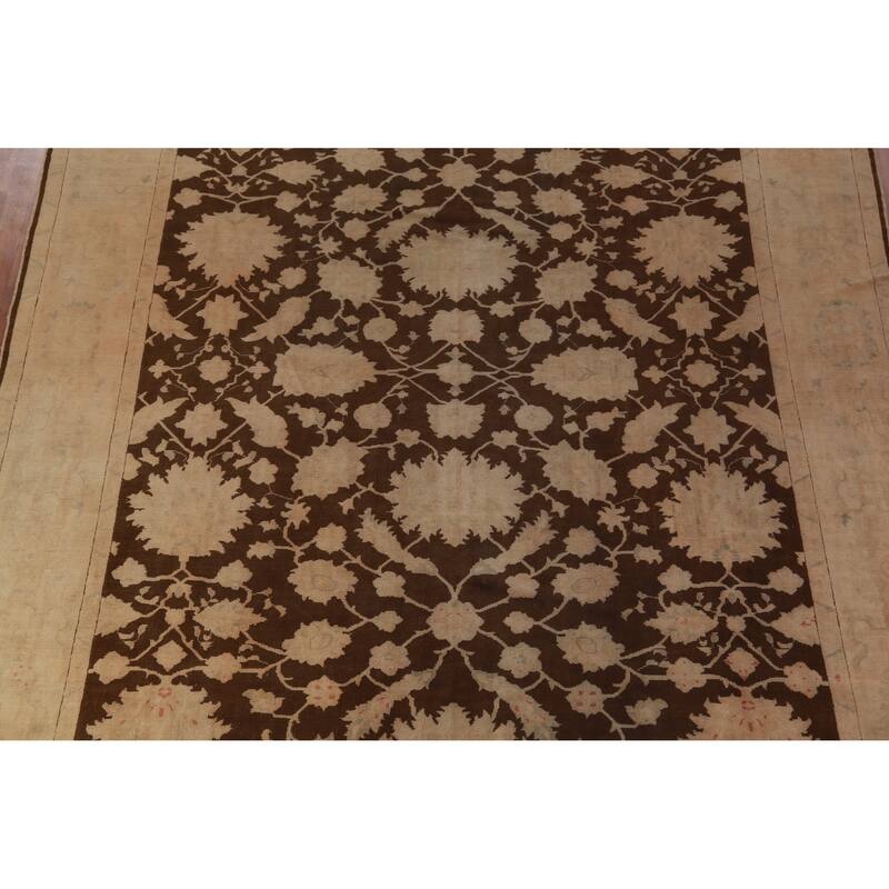 Vegetable Dye Brown Floral Oushak Turkish Rug Hand-Knotted Wool Carpet - 10'4"x 12'9"