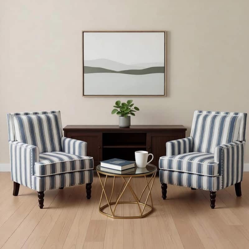 Modern Upholstered Striped Accent Chairs with Arms and High Back - Blue Stripe/2 Set