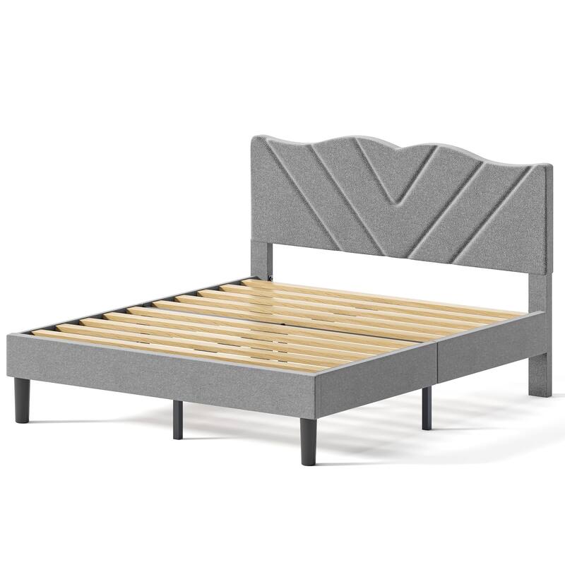 Queen Size Upholstered Bed Frame with Wooden Slats, Padded Headboard, Heavy-Duty Support, No Box Spring Required